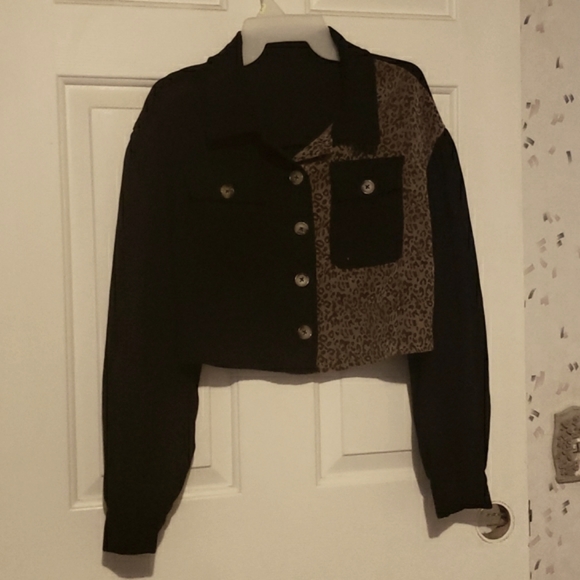 SHEIN Jackets & Blazers - Shein corduroy black and leopard print crop jacket